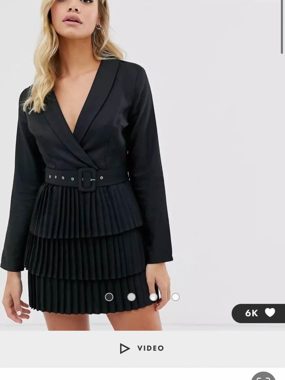 Black Long-Sleeve Pleated Tiered Mini Dress with Belt